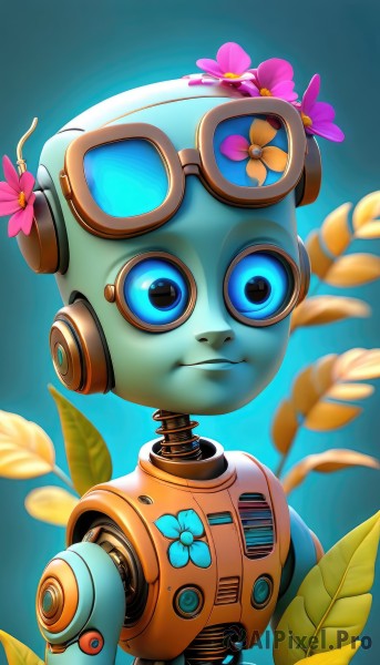 solo,blue eyes,hair ornament,1boy,upper body,flower,hair flower,blurry,no humans,leaf,blue background,plant,robot,goggles,mecha,1other,pink flower,science fiction,android,joints,cable,robot joints,humanoid robot,non-humanoid robot,looking at viewer,male focus,artist name,glowing,colored skin,watermark,blue skin