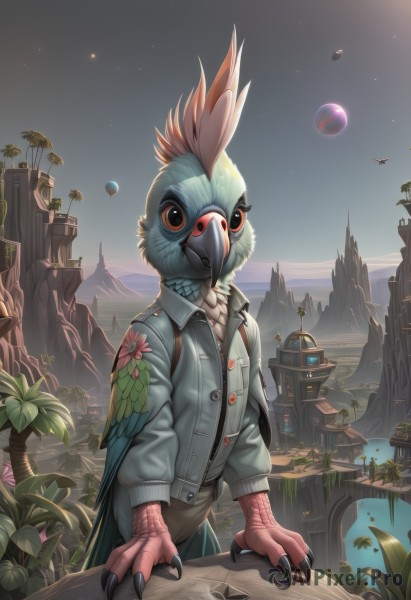 solo,shirt,red eyes,long sleeves,1boy,standing,jacket,flower,male focus,outdoors,wings,sky,pants,artist name,signature,water,tree,night,bird,feathers,plant,building,star (sky),night sky,feathered wings,claws,furry,starry sky,pocket,mountain,city,furry male,planet,sunrise,beak,cactus,looking at viewer,day,black eyes,no humans,scenery,zipper,aircraft,palm tree,river,waterfall,lake,talons,cliff