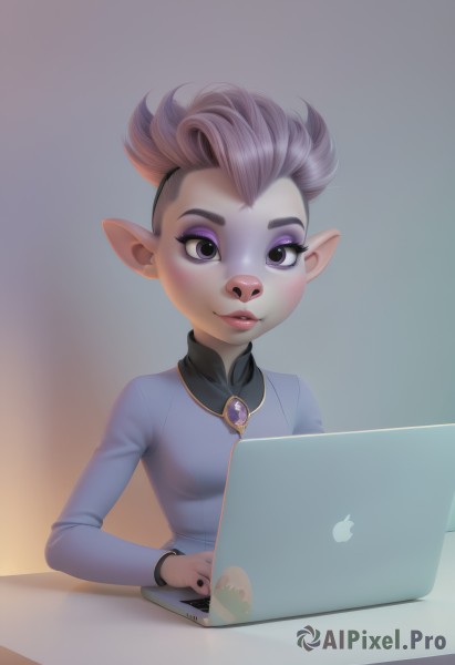 1girl,solo,breasts,looking at viewer,smile,short hair,brown hair,shirt,long sleeves,animal ears,jewelry,purple eyes,upper body,grey hair,multicolored hair,small breasts,parted lips,pointy ears,artist name,lips,grey eyes,makeup,brooch,furry,eyeshadow,furry female,computer,laptop,snout,buck teeth,purple eyeshadow,pink hair,eyelashes,watermark,lipstick,web address,nose,mohawk