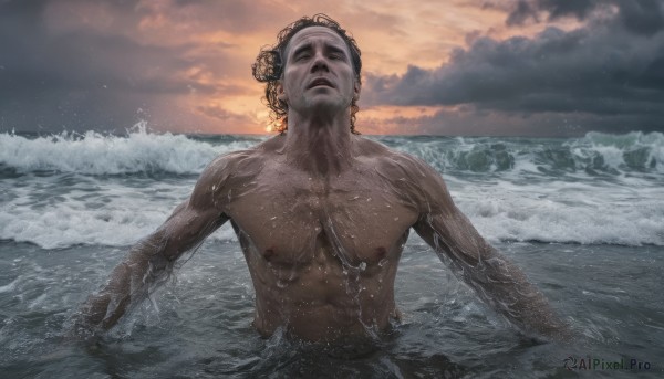 solo,black hair,1boy,nipples,upper body,male focus,outdoors,sky,cloud,dark skin,water,wet,muscular,facial hair,ocean,beach,abs,dark-skinned male,cloudy sky,pectorals,facing viewer,partially submerged,topless male,realistic,chest hair,waves,very dark skin,dreadlocks,looking at viewer,short hair,closed mouth,nude,outstretched arms,sunset,manly,splashing