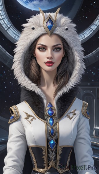 1girl,solo,long hair,looking at viewer,brown hair,long sleeves,brown eyes,jewelry,upper body,parted lips,hood,lips,coat,fur trim,makeup,crown,lipstick,gem,star (sky),corset,realistic,nose,red lips,space,planet,earth (planet),breasts,black hair,eyeshadow,hood up,straight-on,red gemstone