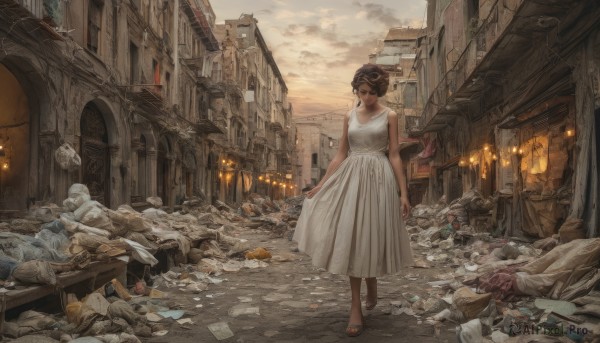 1girl,solo,short hair,brown hair,dress,bare shoulders,jewelry,standing,outdoors,sky,sleeveless,cloud,hair bun,white dress,bare arms,window,sleeveless dress,sandals,single hair bun,cloudy sky,building,scenery,walking,paper,city,fantasy,arms at sides,cityscape,ruins,broken,skeleton,statue,crack,broken glass,corpse,destruction,rubble,broken window,road,street,debris