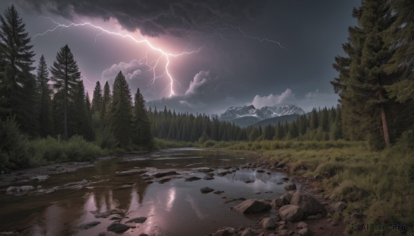 outdoors,sky,cloud,signature,water,tree,no humans,cloudy sky,grass,nature,scenery,forest,reflection,rock,mountain,electricity,river,lightning,landscape,lake,rain,mountainous horizon,puddle,grey sky,pond,overcast,pine tree