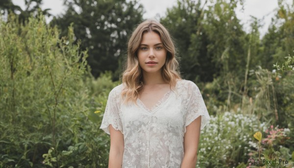 1girl,solo,long hair,looking at viewer,blonde hair,brown hair,shirt,dress,green eyes,white shirt,upper body,flower,short sleeves,outdoors,parted lips,day,white dress,blurry,tree,lips,nature,realistic,arms at sides,brown eyes,plant