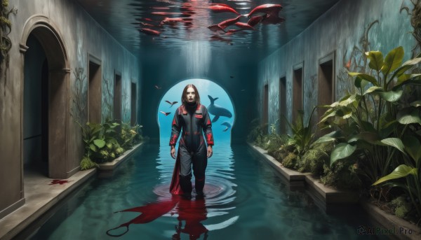 1girl,solo,long hair,brown hair,black hair,1boy,standing,male focus,pants,water,blood,mask,glowing,animal,plant,wading,reflection,fish,walking,rain,light rays,arms at sides,vines,ripples,looking at viewer,jacket,boots,hood,bird,leaf,scenery,door,animification,superhero