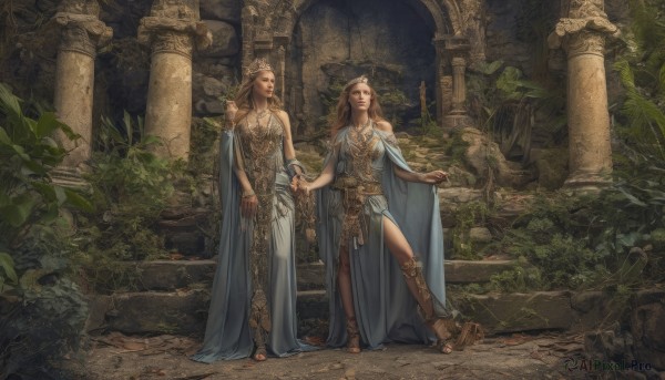 long hair,breasts,multiple girls,blonde hair,brown hair,dress,2girls,cleavage,jewelry,medium breasts,standing,weapon,barefoot,sword,necklace,cape,white dress,armor,bracelet,holding hands,siblings,sandals,tiara,plant,walking,circlet,stairs,fantasy,ruins,blue cape,pillar,statue,arch,column,earrings,leaf,ring,sisters,realistic