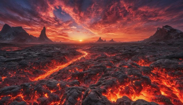 outdoors, sky, cloud, dutch angle, no humans, cloudy sky, fire, scenery, sunset, mountain, landscape, red sky, molten rock