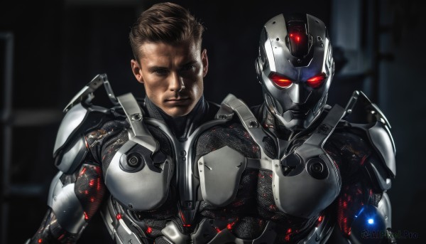 looking at viewer,brown hair,red eyes,1boy,brown eyes,upper body,male focus,multiple boys,2boys,armor,blurry,glowing,helmet,robot,glowing eyes,science fiction,realistic,manly,cyborg,damaged,power armor,cyberpunk,power suit,bodysuit,muscular,serious,android