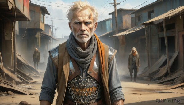 HQ,looking at viewer,short hair,blue eyes,blonde hair,shirt,1boy,jewelry,closed mouth,standing,jacket,white hair,male focus,earrings,outdoors,multiple boys,sky,solo focus,day,pants,cloud,hood,2boys,scarf,armor,facial hair,scar,3boys,building,beard,scar on face,walking,realistic,scar across eye,ruins,old,power lines,old man,dust,upper body,serious,manly,debris