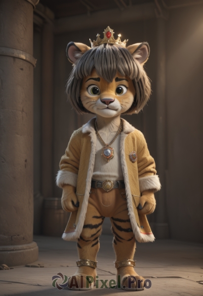 solo,looking at viewer,short hair,bangs,shirt,black hair,long sleeves,1boy,animal ears,brown eyes,jewelry,closed mouth,standing,jacket,full body,white shirt,grey hair,male focus,open clothes,barefoot,belt,pants,artist name,indoors,necklace,blurry,open jacket,coat,fur trim,facial mark,thick eyebrows,crown,gem,child,furry,pendant,black belt,open coat,brown jacket,anklet,fur-trimmed jacket,whisker markings,furry male,male child,body fur,brown pants,white fur,straight-on,fur-trimmed coat,brown coat,animal nose,whiskers,smile,teeth,black eyes,:3,watermark,animal print,buckle,belt buckle,arms at sides,female child,shirt tucked in,tiger ears,pillar,brown fur,two-tone fur,blue gemstone,tiger boy