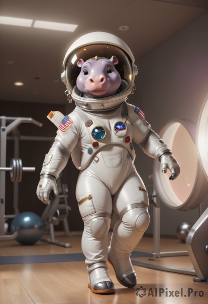 1girl,solo,looking at viewer,smile,standing,full body,indoors,signature,star (symbol),helmet,furry,1other,floating,reflection,realistic,american flag,spacesuit,japanese flag,space helmet,astronaut,gloves,blurry,black eyes,blurry background,animal,animal costume,badge,hamster