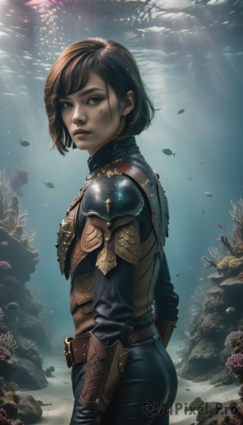 1girl,solo,looking at viewer,short hair,bangs,brown hair,black hair,gloves,brown eyes,closed mouth,standing,ass,cowboy shot,parted lips,belt,pants,water,armor,mole,from side,lips,mole under eye,bodysuit,sunlight,shoulder armor,gauntlets,fish,pauldrons,light rays,breastplate,rock,underwater,realistic,nose,vambraces,air bubble,leather,coral,plate armor,seaweed,blue eyes,black eyes,dirty,dirty face,aquarium