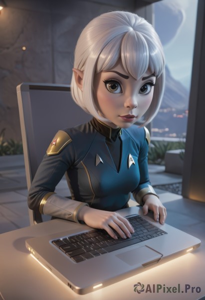 1girl,solo,breasts,looking at viewer,short hair,bangs,long sleeves,brown eyes,sitting,white hair,small breasts,pointy ears,artist name,indoors,blurry,uniform,lips,military,military uniform,makeup,chair,bob cut,elf,desk,nose,computer,monitor,keyboard (computer),mouse (computer),window,emblem