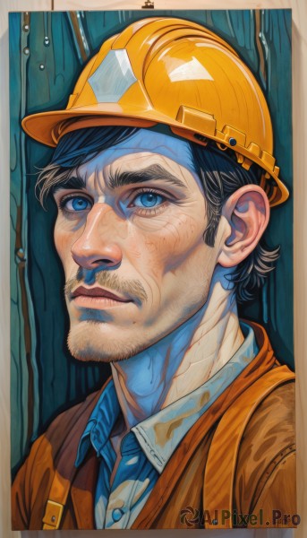 solo,looking at viewer,short hair,blue eyes,shirt,black hair,1boy,hat,closed mouth,male focus,parted lips,collared shirt,signature,lips,facial hair,border,helmet,blue shirt,portrait,beard,realistic,mustache,stubble,manly,yellow headwear,hardhat,jacket,upper body,artist name,thick eyebrows,nose