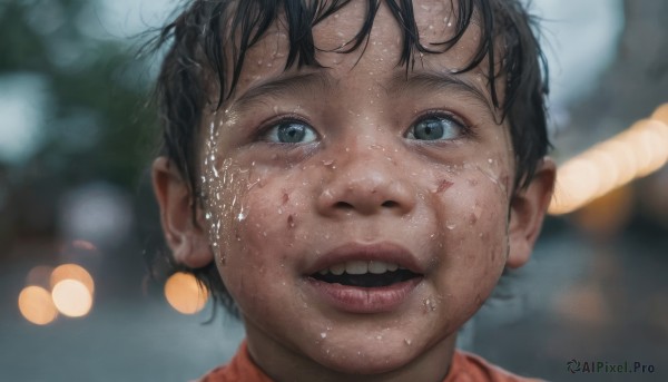 1girl,solo,looking at viewer,smile,short hair,open mouth,blue eyes,black hair,1boy,male focus,outdoors,parted lips,teeth,tears,blurry,black eyes,lips,wet,depth of field,blurry background,crying,messy hair,child,portrait,close-up,realistic,nose,wet hair,bokeh,bangs,jewelry,earrings,freckles