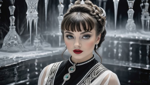 1girl,solo,looking at viewer,bangs,blue eyes,brown hair,dress,jewelry,upper body,braid,earrings,parted lips,hair bun,blurry,lips,see-through,grey eyes,makeup,blurry background,single hair bun,lipstick,gem,portrait,red lips,short hair,black hair,eyeshadow,realistic