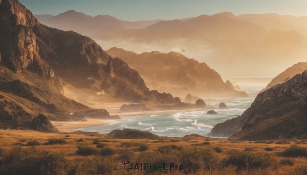 outdoors,sky,day,cloud,water,tree,no humans,bird,grass,nature,scenery,sunset,rock,mountain,sand,river,landscape,mountainous horizon,cliff,ocean,orange theme