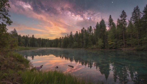 outdoors,sky,cloud,water,tree,no humans,night,bird,cloudy sky,grass,star (sky),nature,night sky,scenery,forest,starry sky,reflection,sunset,lake,reflective water,signature,animal,mountain,river,landscape