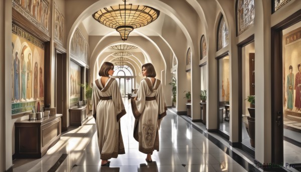 smile,short hair,multiple girls,brown hair,black hair,long sleeves,dress,holding,2girls,standing,closed eyes,barefoot,indoors,wide sleeves,looking at another,cup,window,shadow,sunlight,plant,scenery,tray,reflection,walking,robe,mirror,stairs,door,tiles,potted plant,candle,architecture,tile floor,pillar,chandelier,reflective floor