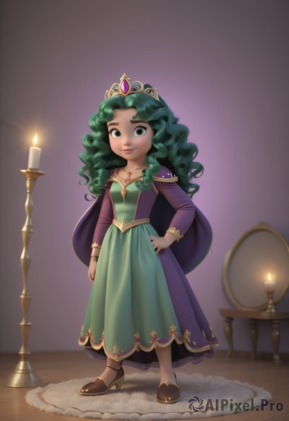 1girl,solo,long hair,looking at viewer,smile,long sleeves,dress,jewelry,closed mouth,standing,full body,green hair,shoes,necklace,cape,black eyes,high heels,hand on hip,makeup,tiara,crown,child,purple dress,curly hair,green dress,wooden floor,mirror,female child,candle,candlestand,breasts,green eyes,small breasts,artist name,wavy hair,long dress,carpet,rug