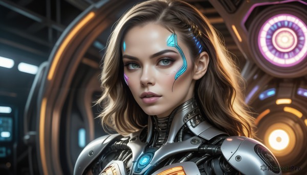 HQ,1girl,solo,long hair,looking at viewer,brown hair,hair ornament,brown eyes,upper body,parted lips,medium hair,armor,blurry,lips,grey eyes,bodysuit,makeup,portrait,science fiction,realistic,nose,cyborg,power armor,green eyes,eyelashes,glowing,facial mark,close-up,forehead,eyeshadow,eyeliner,cyberpunk