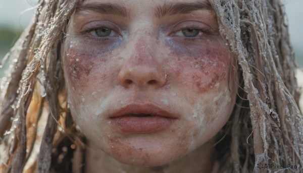 1girl,solo,long hair,looking at viewer,brown hair,brown eyes,jewelry,green eyes,parted lips,signature,water,blurry,lips,eyelashes,depth of field,blurry background,portrait,veil,close-up,realistic,nose,closed mouth,freckles,dirty