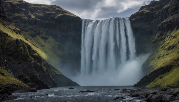 outdoors,sky,day,cloud,water,no humans,cloudy sky,nature,scenery,rock,mountain,river,waterfall,landscape,fog,cliff,blue sky