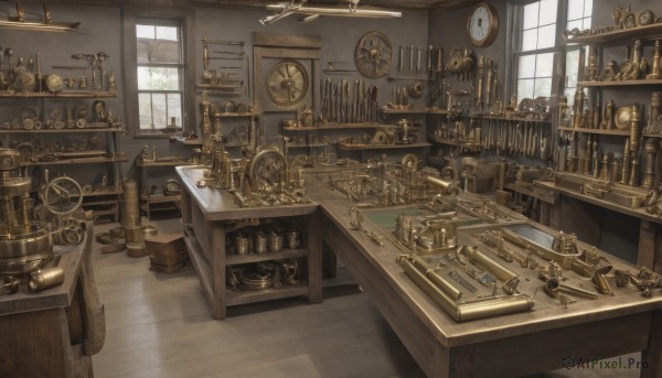 day,indoors,book,no humans,window,chair,table,sunlight,scenery,desk,wooden floor,clock,shelf,gears,globe,steampunk,weighing scale,telescope,weapon,sword,gun,shadow,bottle,candle,roman numeral,candlestand,chandelier