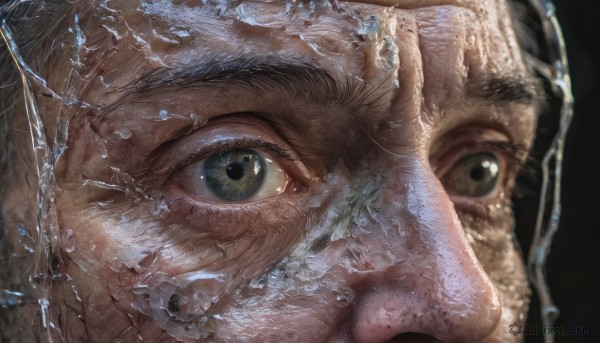 solo,looking at viewer,black hair,1boy,brown eyes,green eyes,male focus,water,blurry,black eyes,lips,eyelashes,black background,portrait,close-up,reflection,water drop,realistic,eye focus,one eye closed