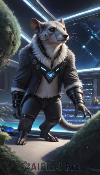 solo,gloves,1boy,brown eyes,standing,jacket,tail,full body,male focus,outdoors,open clothes,sky,pants,artist name,indoors,open jacket,black jacket,fur trim,no humans,window,night,glowing,animal,black pants,plant,building,star (sky),night sky,claws,furry,starry sky,science fiction,furry male,leather,white fur,mouse,whiskers,animal ears