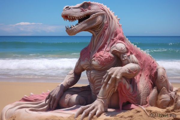 solo,open mouth,red eyes,sitting,tail,outdoors,sky,teeth,day,artist name,cloud,water,blue sky,no humans,ocean,beach,sharp teeth,claws,science fiction,monster,realistic,sand,scales,alien,dinosaur,kaijuu,signature