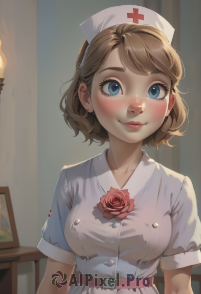 1girl,solo,breasts,looking at viewer,blush,smile,short hair,bangs,blue eyes,brown hair,hat,dress,medium breasts,closed mouth,collarbone,upper body,flower,short sleeves,belt,indoors,white dress,lips,eyelashes,buttons,rose,red flower,freckles,red rose,nose,nurse cap,arms at sides,nurse,white belt,painting (object),cross,red lips