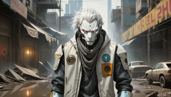 HQ,solo,looking at viewer,shirt,red eyes,1boy,jacket,upper body,white hair,male focus,outdoors,open clothes,scarf,vest,black shirt,mask,glowing,white jacket,robot,ground vehicle,building,glowing eyes,motor vehicle,science fiction,city,sign,car,road,cable,cyborg,power lines,street,cyberpunk,humanoid robot,android,robot joints,truck