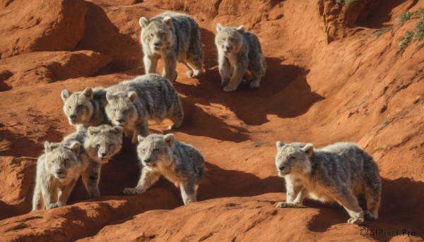 standing,outdoors,no humans,shadow,animal,scenery,realistic,animal focus,desert,pokemon (creature),walking,dog,rock,sand