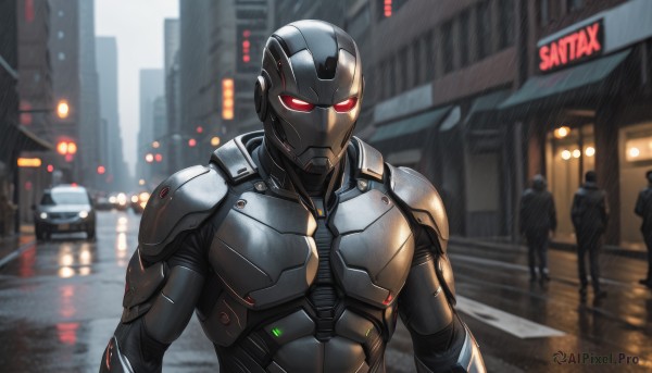 red eyes,1boy,upper body,male focus,outdoors,multiple boys,solo focus,armor,blurry,bodysuit,night,blurry background,glowing,helmet,ground vehicle,building,glowing eyes,motor vehicle,science fiction,rain,city,car,road,police,street,police uniform,power armor,power suit,looking at viewer,mask,realistic,cyborg,cyberpunk