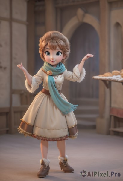 1girl,solo,looking at viewer,smile,short hair,blue eyes,blonde hair,brown hair,long sleeves,dress,standing,full body,boots,outdoors,food,shoes,socks,indoors,scarf,blurry,arms up,lips,fur trim,window,blurry background,brown footwear,child,female child,bread,blue scarf,open mouth,braid,table,aged down