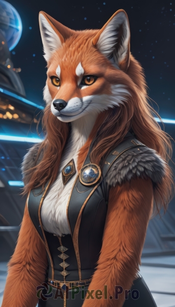 1girl,solo,long hair,breasts,looking at viewer,smile,brown hair,animal ears,brown eyes,jewelry,medium breasts,tail,upper body,belt,artist name,signature,grin,vest,orange eyes,fur trim,fox ears,thick eyebrows,brooch,fox girl,gem,star (sky),furry,furry female,space,body fur,planet,fur,animal nose,snout,earth (planet),brown fur,two-tone fur,orange fur,shirt,jacket