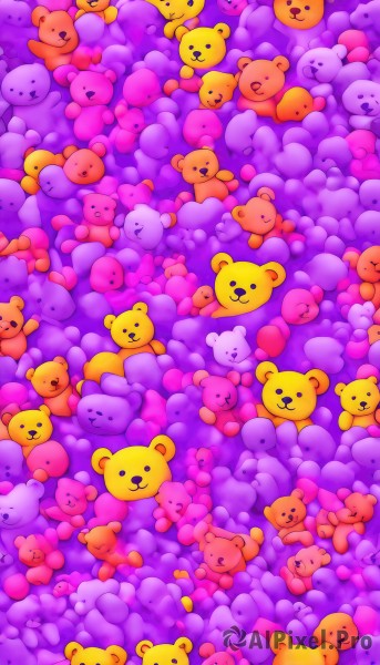 looking at viewer,smile,open mouth,closed mouth,closed eyes,:d,black eyes,pokemon (creature),no humans,:3,stuffed toy,happy,> <,solid circle eyes,too many,. .,odd one out,purple theme,bear