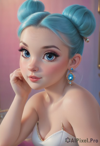 1girl,solo,breasts,looking at viewer,blush,smile,short hair,blue eyes,hair ornament,dress,cleavage,bare shoulders,jewelry,medium breasts,blue hair,collarbone,upper body,earrings,small breasts,parted lips,artist name,indoors,hand up,hair bun,white dress,blurry,lips,eyelashes,strapless,double bun,aqua hair,makeup,blurry background,hand on own face,freckles,head rest,realistic,nose,hand on own cheek,mascara,closed mouth,single hair bun,gem,strapless dress,web address,eyeshadow