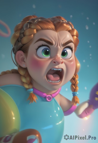 1girl,solo,long hair,blush,open mouth,brown hair,gloves,bare shoulders,jewelry,green eyes,upper body,braid,earrings,teeth,solo focus,tongue,orange hair,twin braids,collar,holding hands,fangs,blue background,child,angry,snow,freckles,snowing,female child,shouting,multiple braids,bangs,blurry