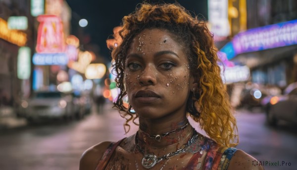 1girl,solo,long hair,looking at viewer,blonde hair,brown hair,jewelry,upper body,multicolored hair,earrings,outdoors,parted lips,choker,dark skin,medium hair,necklace,blurry,dark-skinned female,lips,tattoo,night,depth of field,blurry background,piercing,tank top,ground vehicle,portrait,motor vehicle,freckles,curly hair,city,realistic,nose,car,dirty,very dark skin,dreadlocks,brown eyes,ear piercing,road,nose piercing