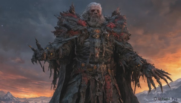 solo,1boy,standing,weapon,white hair,male focus,outdoors,sky,belt,sword,cloud,cape,armor,torn clothes,glowing,facial hair,shoulder armor,gauntlets,sheath,claws,beard,pauldrons,skull,sheathed,mountain,fantasy,old,old man,mountainous horizon,grey hair,cowboy shot,night,chain,cloudy sky,star (sky),spikes,starry sky,skeleton,claw (weapon)