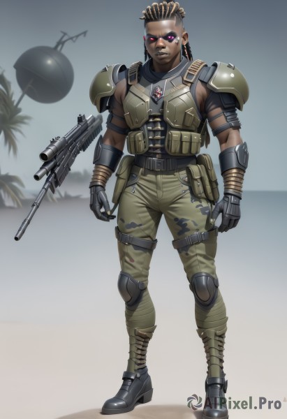 solo,looking at viewer,blonde hair,brown hair,red eyes,gloves,1boy,jewelry,standing,full body,weapon,male focus,earrings,boots,belt,pants,dark skin,pink eyes,armor,uniform,vest,gun,military,military uniform,dark-skinned male,shoulder armor,rifle,pouch,assault rifle,knee pads,camouflage,explosive,mohawk,dreadlocks,helicopter,load bearing vest,camouflage pants,body armor,short hair,bangs,black hair,braid,outdoors,teeth,alternate costume,black gloves,shiny,tree,glowing,glowing eyes,brown gloves,black belt,armored boots,undercut,green pants,machine gun,grenade