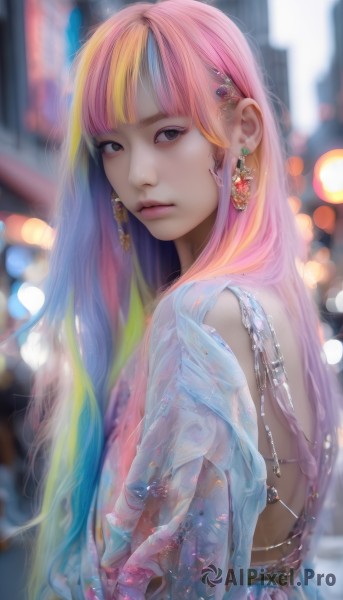 1girl,solo,long hair,looking at viewer,bangs,blonde hair,dress,jewelry,closed mouth,upper body,pink hair,multicolored hair,earrings,blunt bangs,blurry,black eyes,two-tone hair,lips,see-through,gradient hair,makeup,depth of field,blurry background,gem,backless outfit,realistic,nose,rainbow hair,hair ornament,blue hair,outdoors,artist name,from side,streaked hair,looking to the side,grey eyes,eyelashes,watermark,expressionless,web address,bokeh