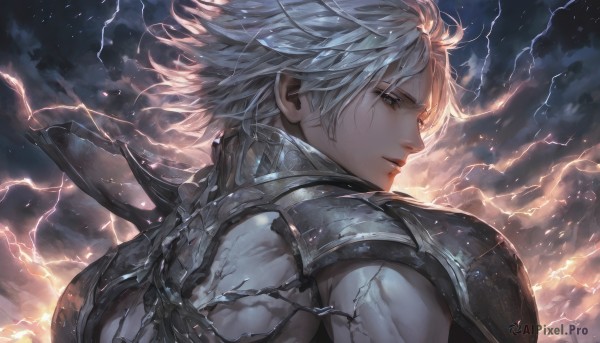 solo,short hair,bangs,1boy,closed mouth,upper body,white hair,male focus,outdoors,parted lips,sky,cloud,signature,armor,from side,grey eyes,profile,muscular,cloudy sky,wind,shoulder armor,pauldrons,electricity,manly,lightning,looking at viewer,grey hair,looking back,from behind,scar,portrait,realistic