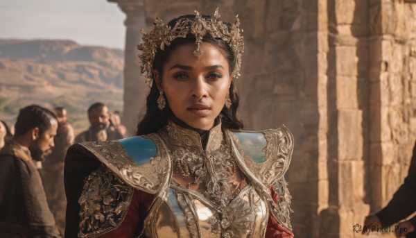 1girl,long hair,looking at viewer,brown hair,black hair,hair ornament,brown eyes,jewelry,closed mouth,upper body,earrings,outdoors,multiple boys,solo focus,day,armor,blurry,lips,depth of field,blurry background,facial hair,tiara,crown,shoulder armor,beard,6+boys,pauldrons,breastplate,realistic,multiple girls,sky