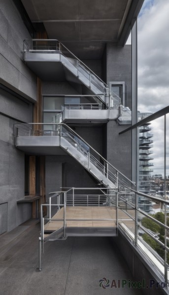 outdoors,sky,day,cloud,indoors,tree,blue sky,no humans,window,chair,cloudy sky,building,scenery,stairs,city,door,railing,cityscape,rooftop,balcony,air conditioner