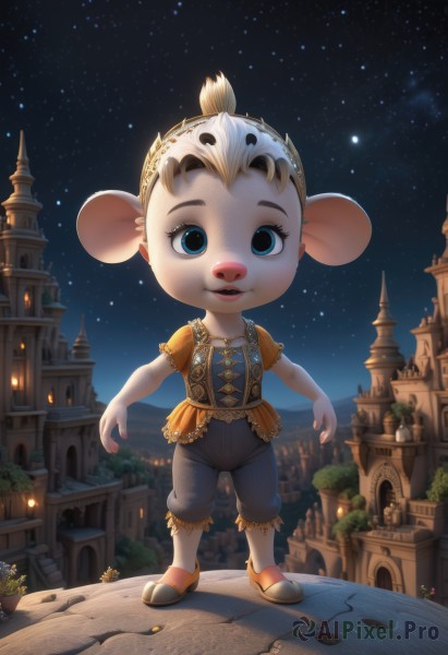 1girl,solo,looking at viewer,smile,short hair,open mouth,blue eyes,blonde hair,shirt,animal ears,standing,full body,flower,short sleeves,outdoors,parted lips,sky,shoes,teeth,pants,artist name,tree,night,building,child,star (sky),night sky,corset,furry,starry sky,city,mouse ears,furry female,female child,male child,animal nose,castle,mouse girl,plant,mouse tail,mouse,buck teeth