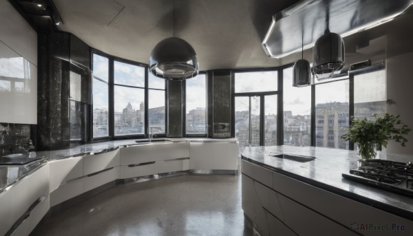 sky,day,cloud,indoors,blue sky,no humans,window,chair,table,cloudy sky,plant,building,scenery,reflection,city,potted plant,lamp,cityscape,skyscraper,sink,ceiling light,blinds,tree,desk,monitor,ceiling,office