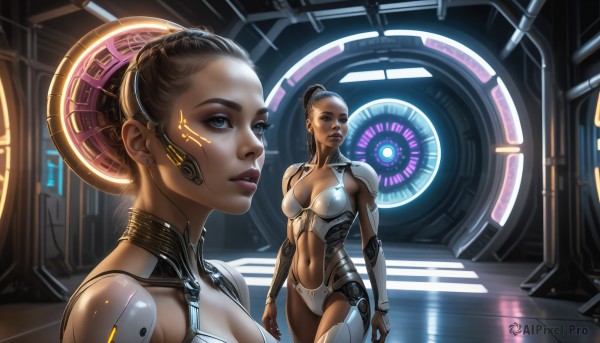 HQ,1girl,solo,breasts,looking at viewer,short hair,blue eyes,brown hair,black hair,navel,cleavage,medium breasts,standing,parted lips,dark skin,hair bun,armor,dark-skinned female,lips,bodysuit,reflection,science fiction,realistic,zoom layer,cyborg,cyberpunk,multiple girls,2girls,jewelry,earrings,makeup,facial mark,single hair bun,nose,android,robot joints,very dark skin,hologram